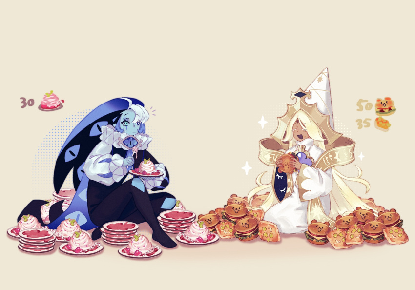 2boys, blonde_hair, blue_hair, blue_skin, chinese_commentary, colored_skin, commentary_request, cookie_run