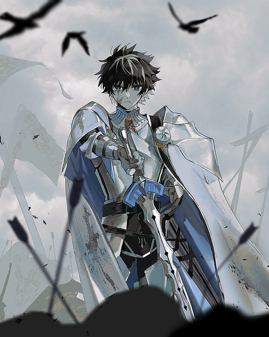 1boy, armor, battle, battlefield, bird, black_hair, blue_cape, blue_eyes, blurry, cape, charlemagne_(fate), corpse, cowboy_shot, crow, cuirass, depth_of_field, dirty, dirty_face, expressionless, fate/grand_order, fate_(series), gauntlets, hair_between_eyes, holding, holding_sword, holding_weapon, joyeuse_ordre_(fate), knight, looking_at_viewer, male_focus, multicolored_hair, pauldrons, plate_armor, short_hair, shoulder_armor, ss_un17, streaked_hair, sword, two-sided_cape, two-sided_fabric, two-tone_hair, weapon, white_cape, white_hair