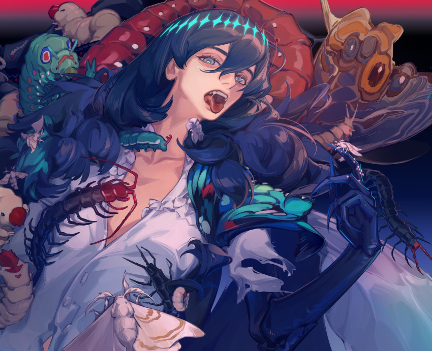 1boy, absurdres, aldaduzuoaoda, arthropod_boy, arthropod_limbs, black_background, blue_background, blue_eyes