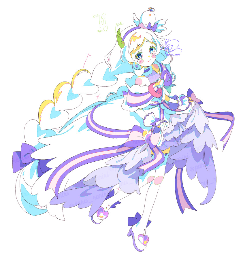 1girl, absurdly_long_hair, angel_wings, aqua_ribbon, bare_shoulders, blue_eyes, blue_ribbon, blush_stickers