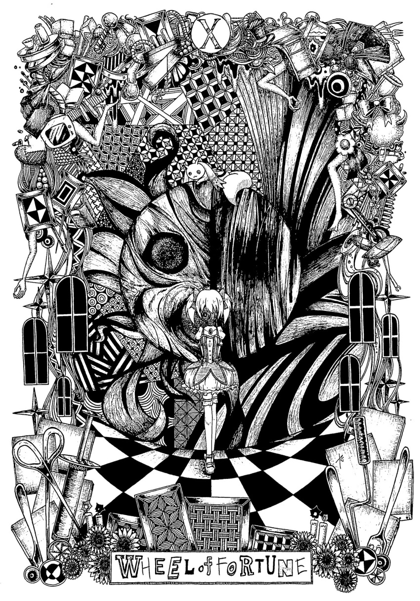 1girl, bow, candle, checkered_floor, cup, disembodied_hand, disembodied_legs, dress
