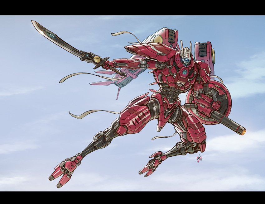 1other, absurdres, alien, ambiguous_gender, arm_shield, armor, blue_eyes, blue_sky, clouds, commander_farsight, eko999, energy_cannon, english_commentary, flying, glowing, glowing_eyes, gun, highres, holding, holding_sword, holding_weapon, letterboxed, mecha, mecha_focus, mechanical_wings, red_armor, red_wings, ribbon, robot, science_fiction, shield, signature, sky, solo, sword, t'au, warhammer_40k, weapon, wings