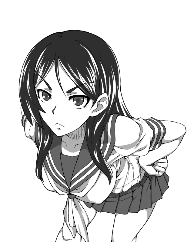 bent_over, frown, fukiyose_seiri, hands_on_hips, long_hair, monochrome, parumezan, school_uniform