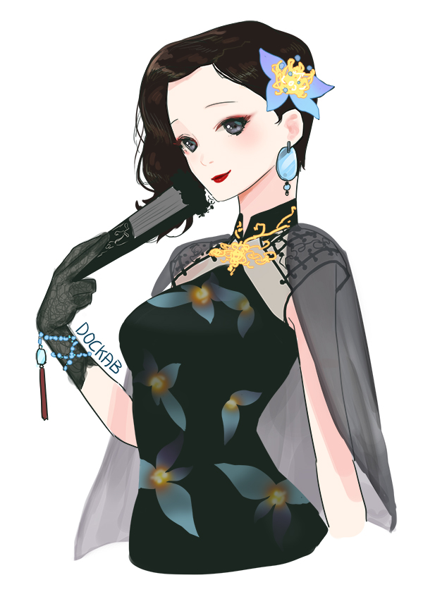 1girl, asymmetrical_hair, bead_bracelet, beads, black_dress, black_gloves, black_hair, blue_flower