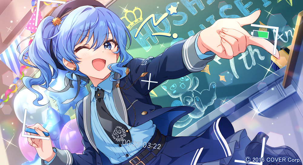 1girl, ;d, alternate_costume, balloon, belt, beret, black_hat, blue_eyes