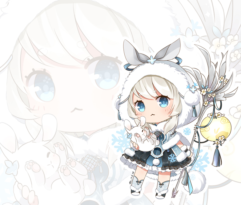 1girl, :<, animal, animal_ears, ankle_socks, black_boots, black_wrist_cuffs, blue_dress