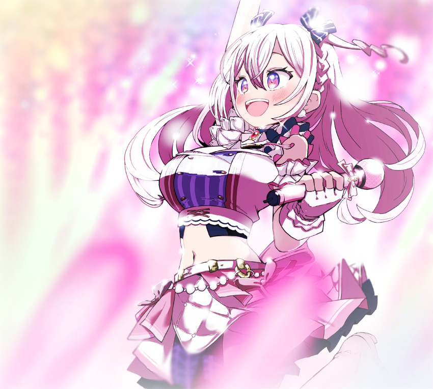 1girl, :d, arm_up, blush, bow, braid, breasts, earrings