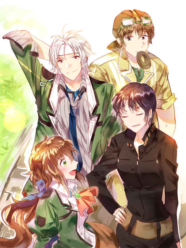 2boys, 2girls, angelica_rogner, black_hair, bow, brooch, brown_hair, carrot_gaimee