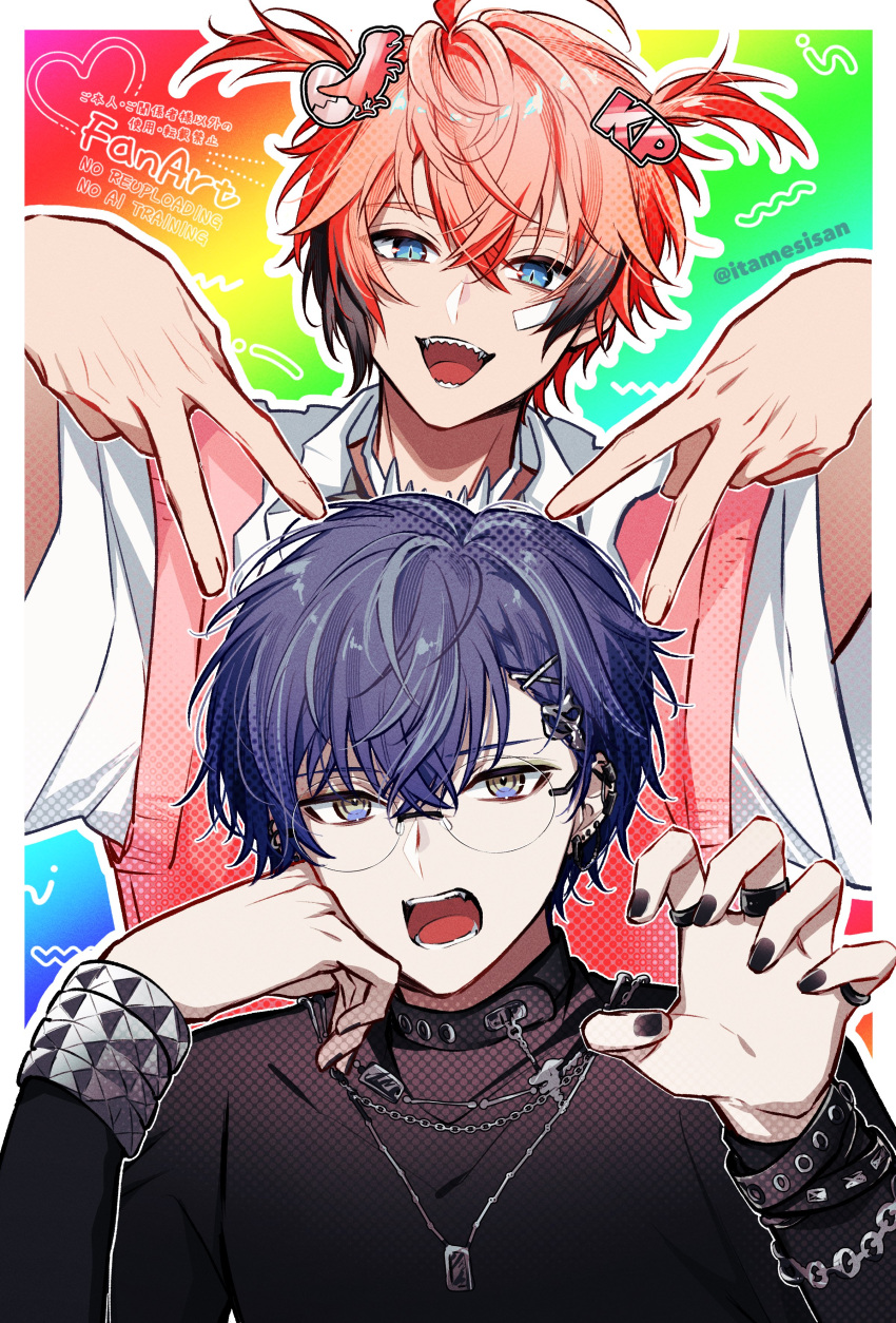 2boys, :d, absurdres, akagi_wen, akagi_wen_(1st_costume), artist_name, bandaid, bandaid_on_cheek