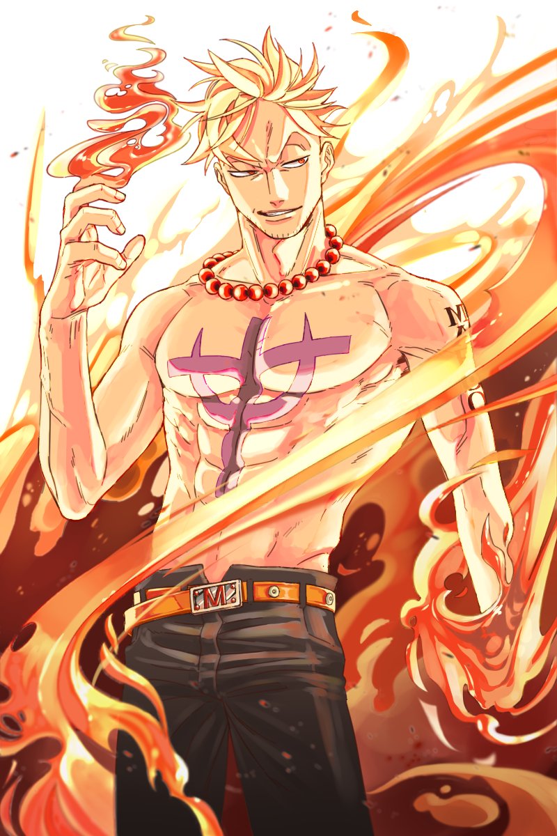 1boy, abs, bead_necklace, beads, belt, black_pants, blonde_hair, commentary_request