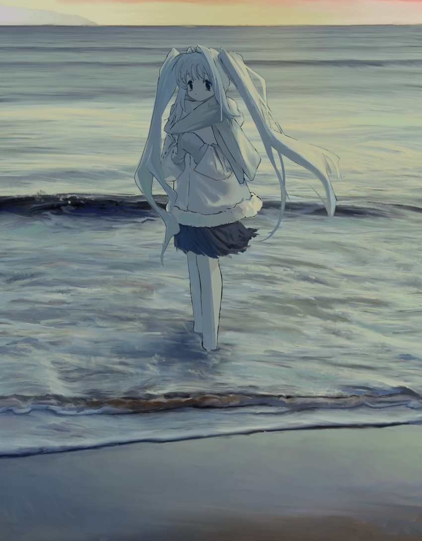 1girl, beach, blue_eyes, blue_hair, full_body, fur-trimmed_jacket, fur_trim, hair_intakes