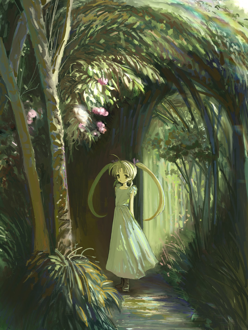 1girl, :d, ahoge, blonde_hair, boots, brown_eyes, bush, dress