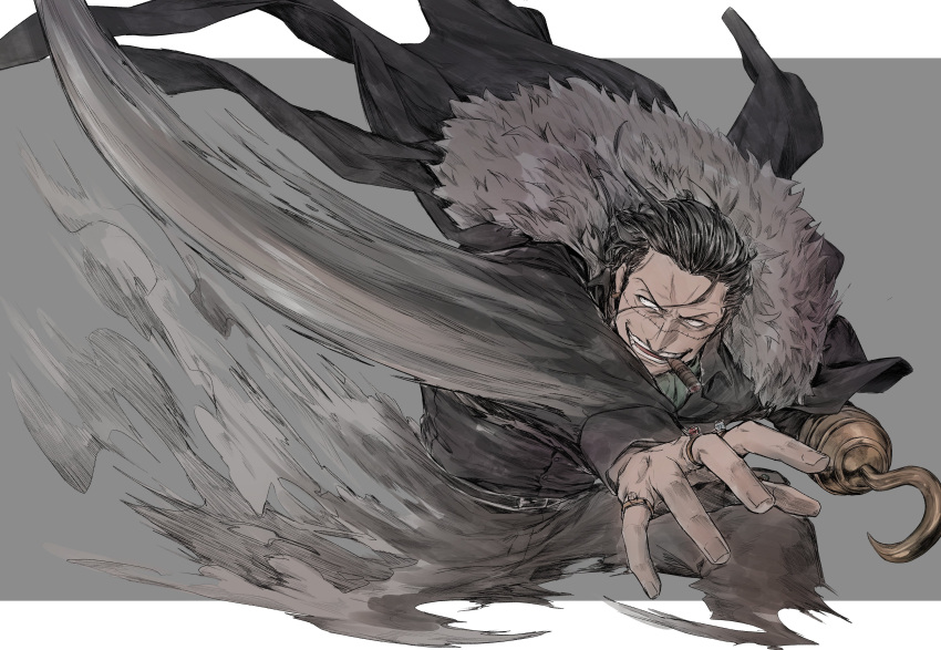 1boy, absurdres, black_coat, black_hair, cigar, coat, crocodile_(one_piece), earrings
