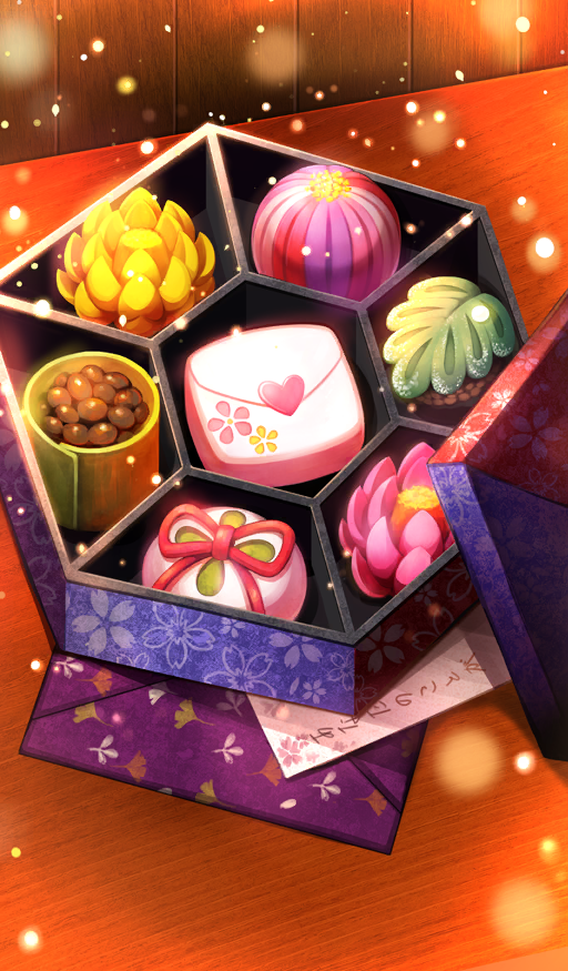 ball, box, candy, commentary, envelope, fate/grand_order, fate_(series), flower, food, food_art, food_focus, gift, gift_box, hexagon, in_box, in_container, leaf, lid, light_particles, no_humans, official_art, orange_flower, paper, pink_flower, shimokawa_ruriko, still_life, temari_ball, third-party_source, wagashi