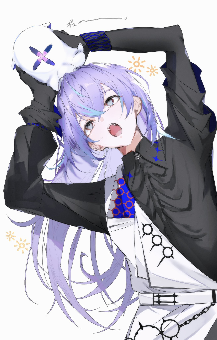 1boy, belt, black_gloves, black_shirt, blue_hair, collared_shirt, creature, crossed_bangs