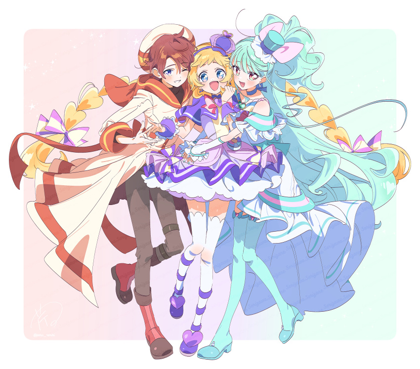 1boy, 2girls, aqua_background, aqua_bow, aqua_hair, aqua_sleeves, aqua_thighhighs, arms_around_waist