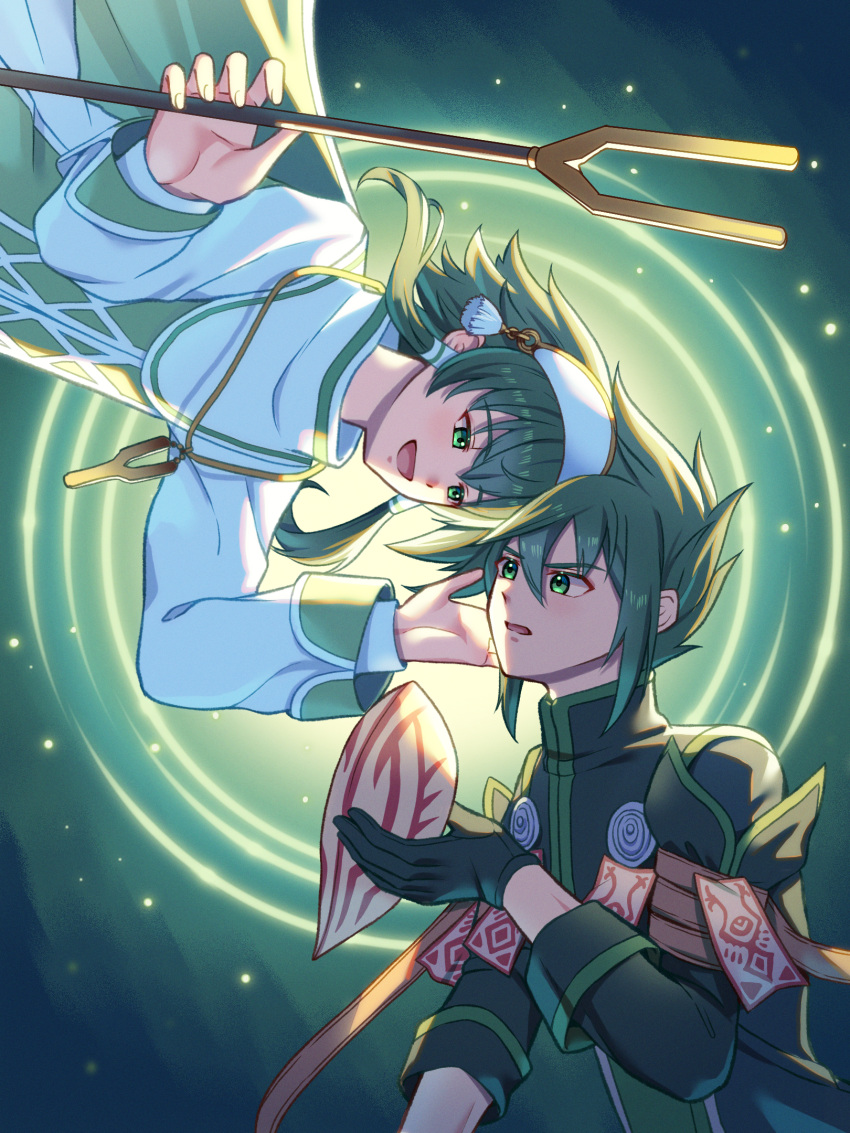 2boys, :d, ch1emon_i, commentary_request, green_background, green_eyes, green_hair, highres