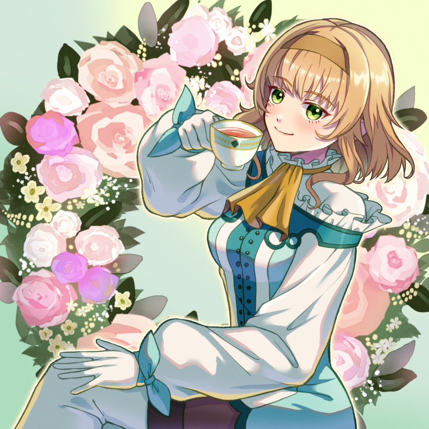 1girl, ascot, blonde_hair, blue_bow, blue_dress, blunt_bangs, blush, boots