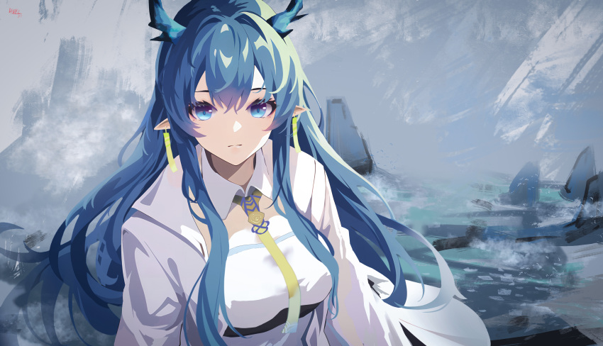 1girl, absurdres, arknights, blue_eyes, blue_hair, coat, daapie, dragon_girl