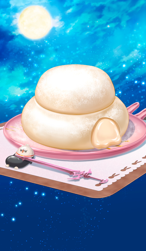 blue_background, commentary, fate/grand_order, fate_(series), food, food_focus, full_moon, hippogriff_(fate), kagami_mochi, light_particles, mochi, moon, no_humans, official_art, plate, still_life, third-party_source, vulcano_caligorante, xxxxay