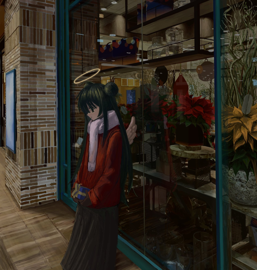 1girl, angel_wings, black_skirt, box, brick_wall, christmas_present, cup, double_bun, drinking_glass, flower, full_body, gift, gift_box, green_hair, hair_bun, halo, highres, holding, holding_gift, jar, kibishiihiekomi, long_hair, long_skirt, mittens, original, outdoors, plant, pleated_skirt, potted_plant, red_leaf, red_sweater, reflective_surface, scarf, shelf, shop, side_up_bun, skirt, sliding_doors, solo, standing, sweater, white_scarf, wide_shot, wine_glass, wings, wooden_floor, yellow_leaves