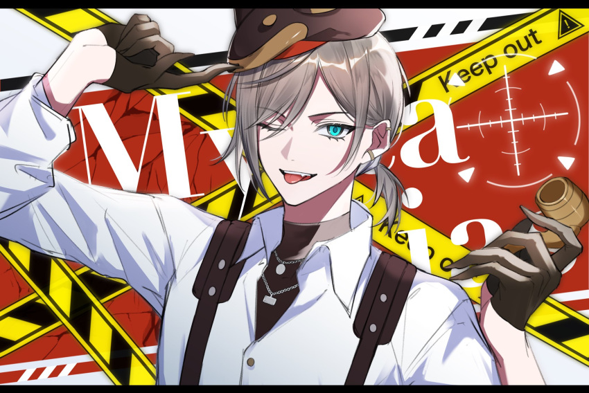 1boy, animal_hat, aqua_eyes, beret, black_gloves, black_hat, black_shirt, brown_hair