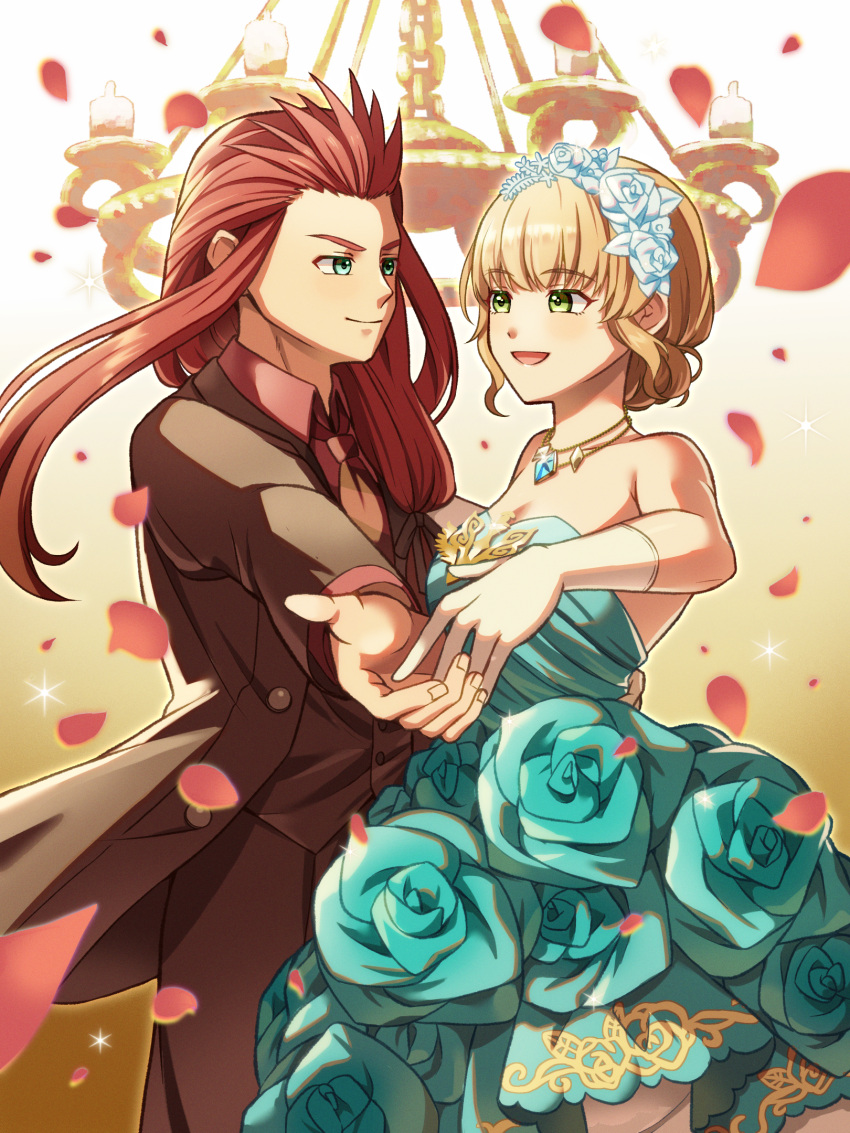 1boy, 1girl, asch_(tales), bare_shoulders, black_jacket, blonde_hair, blue_dress, blunt_bangs