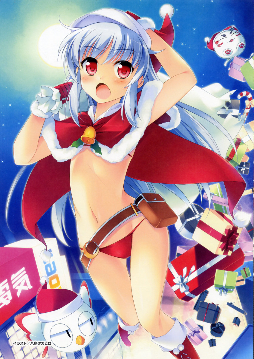 belt, bikini, bird, blue_hair, cape, cat, christmas, gift