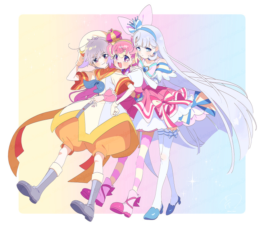 1boy, 2girls, animal_ears, ankle_ribbon, antenna_hair, arms_around_waist, bare_shoulders, beret