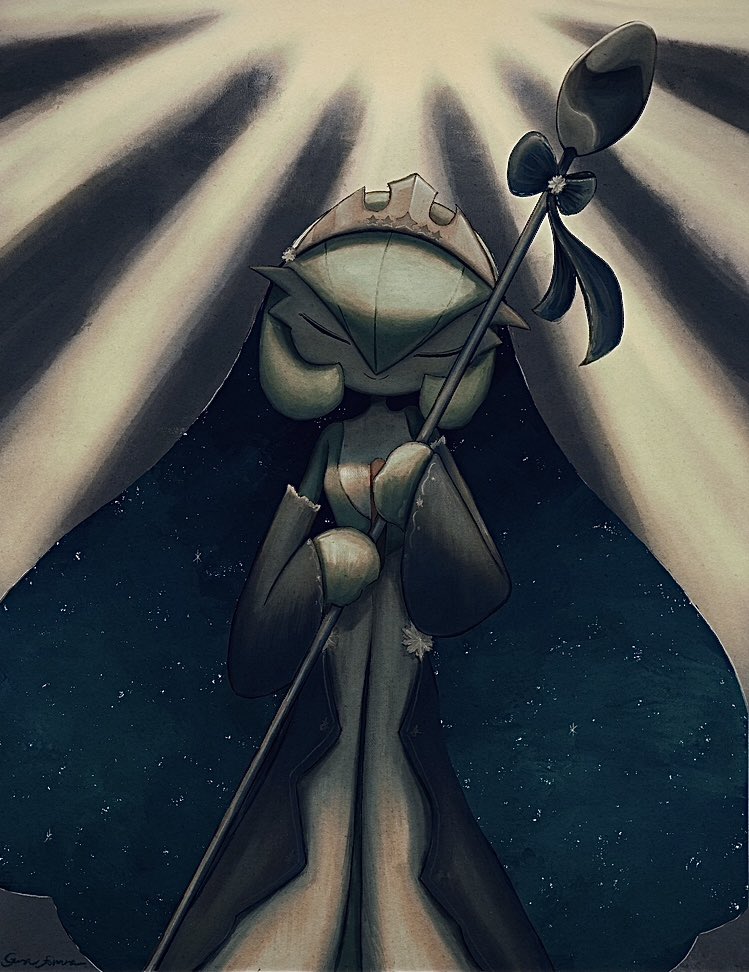 closed_eyes, colored_skin, detached_sleeves, dress, gardevoir, gardevoir_(royal_winter), green_hair, green_skin