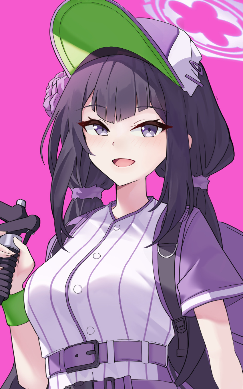1girl, :d, absurdres, baseball_cap, baseball_jersey, belt, black_hair, blue_archive