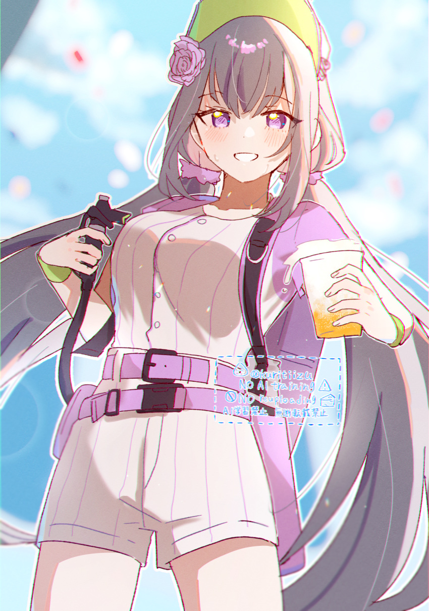 1girl, absurdres, alcohol, baseball_cap, baseball_jersey, beer, belt, black_hair