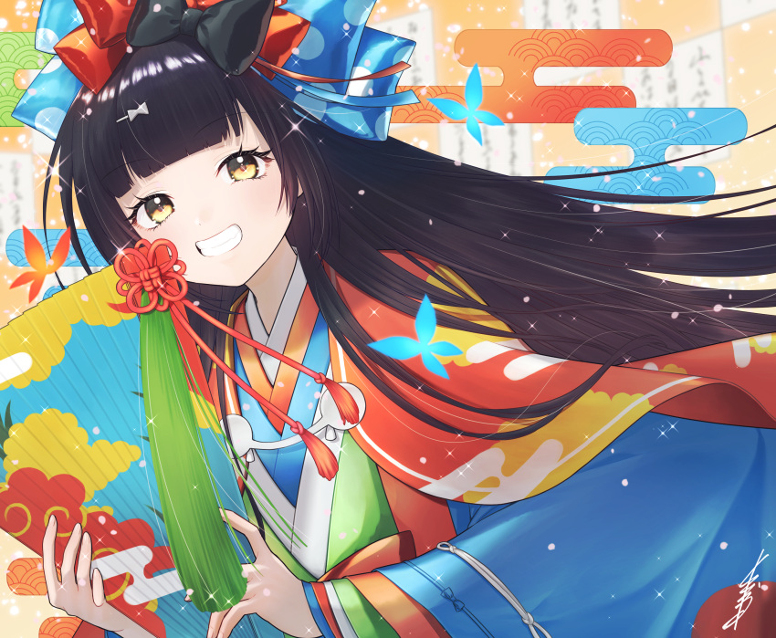 1girl, absurdres, black_hair, blue_kimono, blush, bow, breasts, fate/grand_order