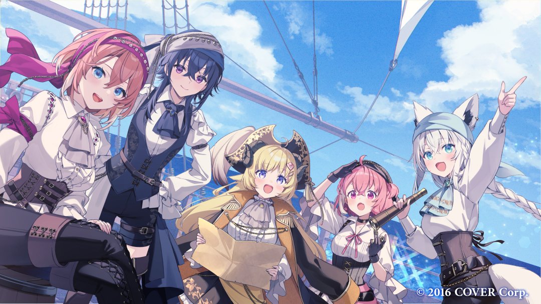 5girls, ahoge, alternate_costume, animal_ear_piercing, animal_ears, aqua_eyes, ascot, black_coat