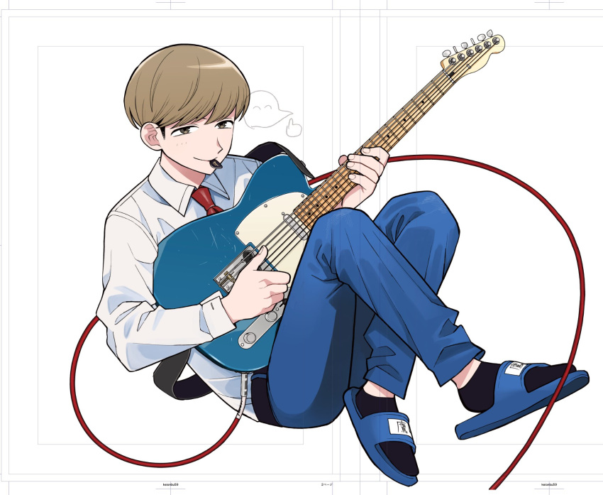 1boy, audio_cable, belt, black_belt, black_socks, blue_pants, blue_sandals, bowl_cut