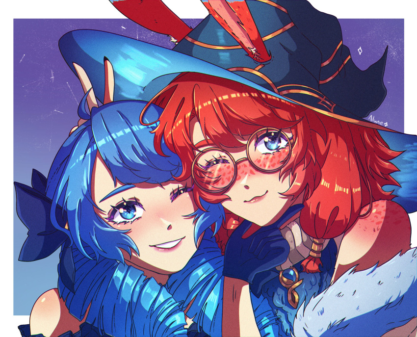 2girls, alune_(alunetrashpanda), animal_ears, aurora_(league_of_legends), bare_shoulders, black_bow, black_gloves, black_hat