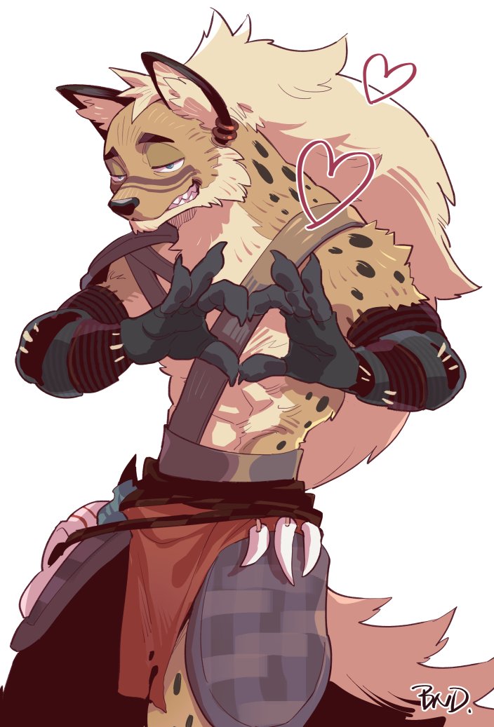 1boy, afk_(series), afk_journey, armor, commentary_request, earrings, facial_mark, furry, furry_male, grin, heart, heart_hands, hyena_boy, hyena_ears, hyena_tail, jewelry, loincloth, looking_at_viewer, male_focus, mane, odie_(afk), official_alternate_costume, pauldrons, sekijaku, shoulder_armor, single_pauldron, smile, spotted_fur, white_background
