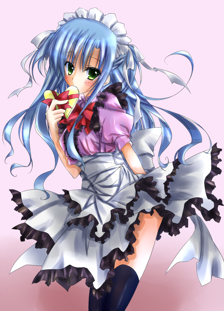 bad_id, black_legwear, black_thighhighs, blue_eyes, blush, green_eyes, kaima, long_hair