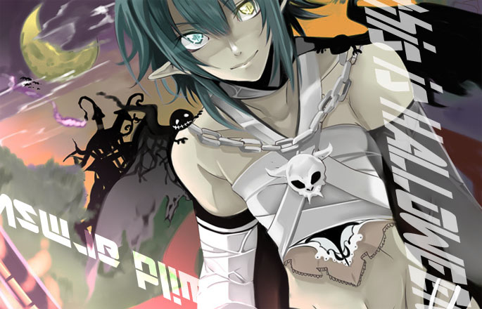 bad_id, bandage, bandages, blue_eyes, blue_hair, castle, chain, chains, cloud, clouds, creature, dean_stark, halloween, heterochromia, long_gloves, male, merii, moon, night, payot, pointy_ears, skull, smile, solo, wild_arms, wild_arms_5, yellow_eyes
