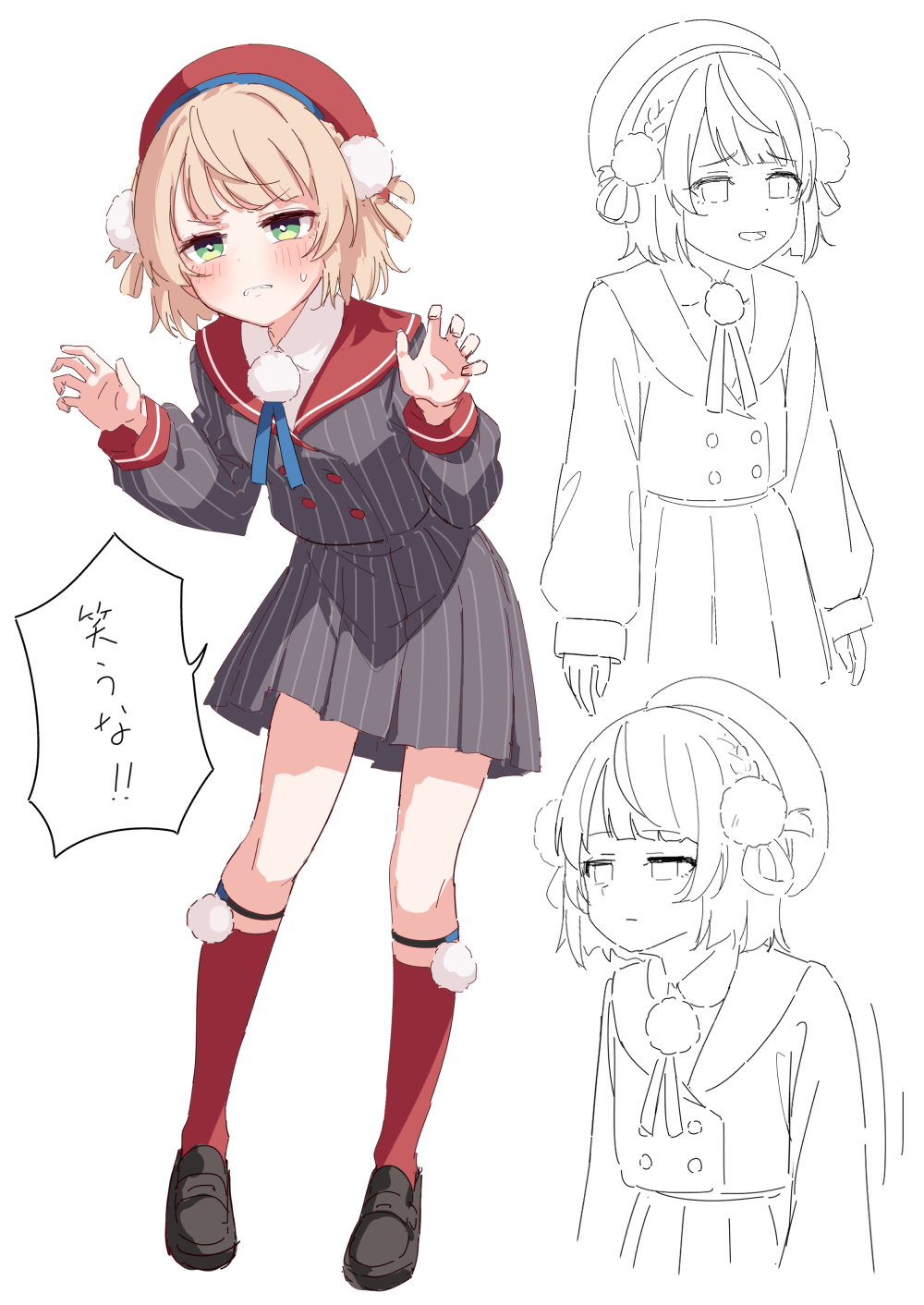 1girl, beret, black_shoes, blonde_hair, blue_ribbon, blunt_bangs, blush, brat_(brabrabrat00)