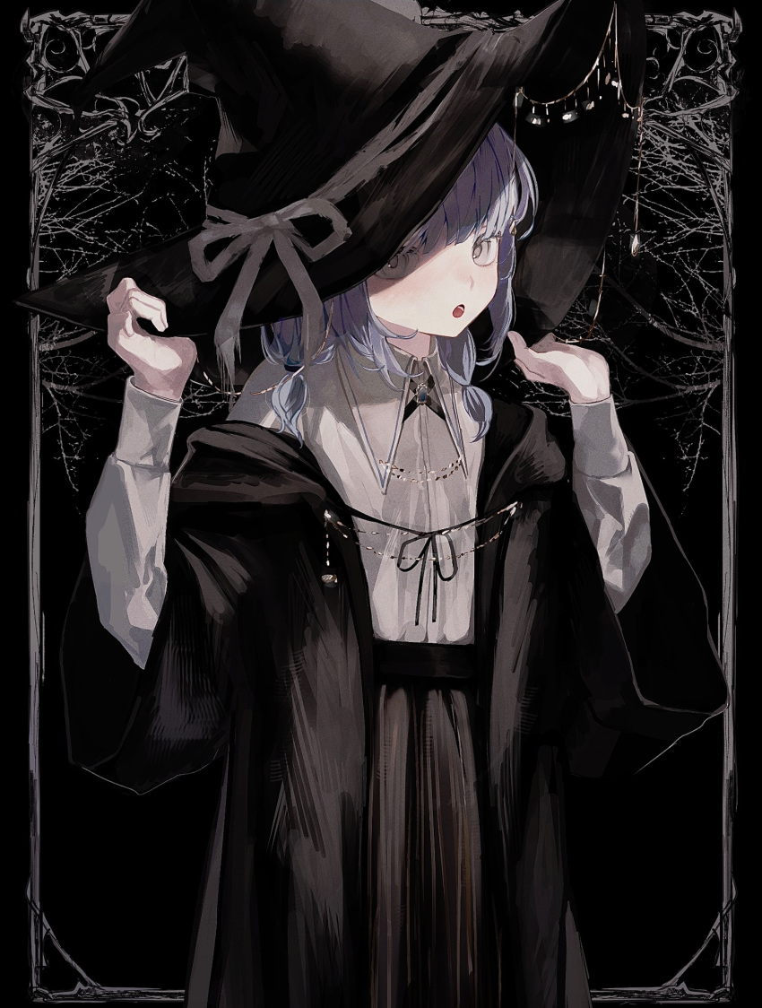1girl, adjusting_clothes, adjusting_headwear, black_coat, coat, grey_eyes, hat, highres