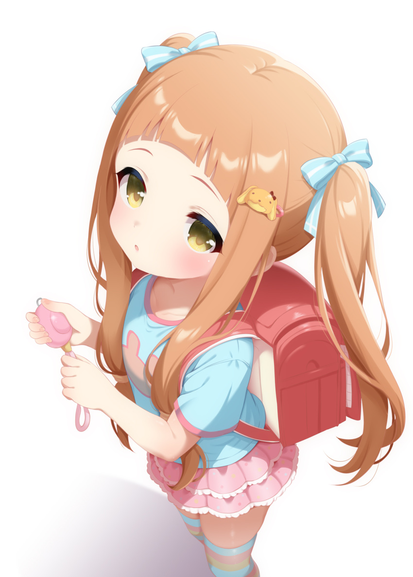 1girl, :o, arched_bangs, backpack, bag, blue_ribbon, blue_shirt, blue_thighhighs