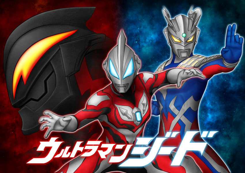 3boys, abs, alien, armor, black_skin, blue_background, blue_eyes, blue_skin