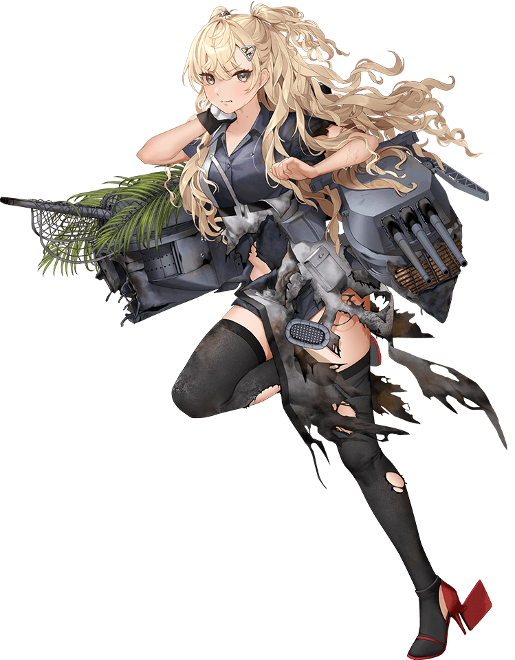 1girl, 8-inch/55-caliber_gun, aircraft_catapult, battle_damage, blonde_hair, breasts, camouflage, collared_shirt