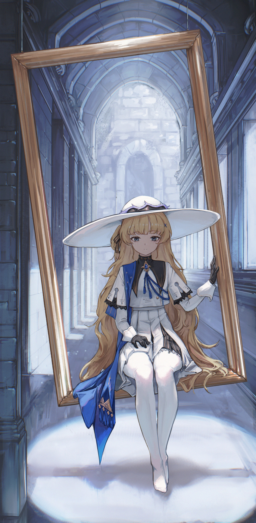 1girl, absurdres, black_bow, black_collar, black_gloves, blonde_hair, blue_eyes, blue_sash, bow, collar, commentary, empty_picture_frame, gloves, hair_bow, hat, high-waist_skirt, highres, indoors, koongsim, long_hair, long_sleeves, looking_at_viewer, pantyhose, phoebe_(wuthering_waves), picture_frame, sash, shirt, sitting, skirt, solo, very_long_hair, white_hat, white_pantyhose, white_shirt, white_skirt, wuthering_waves