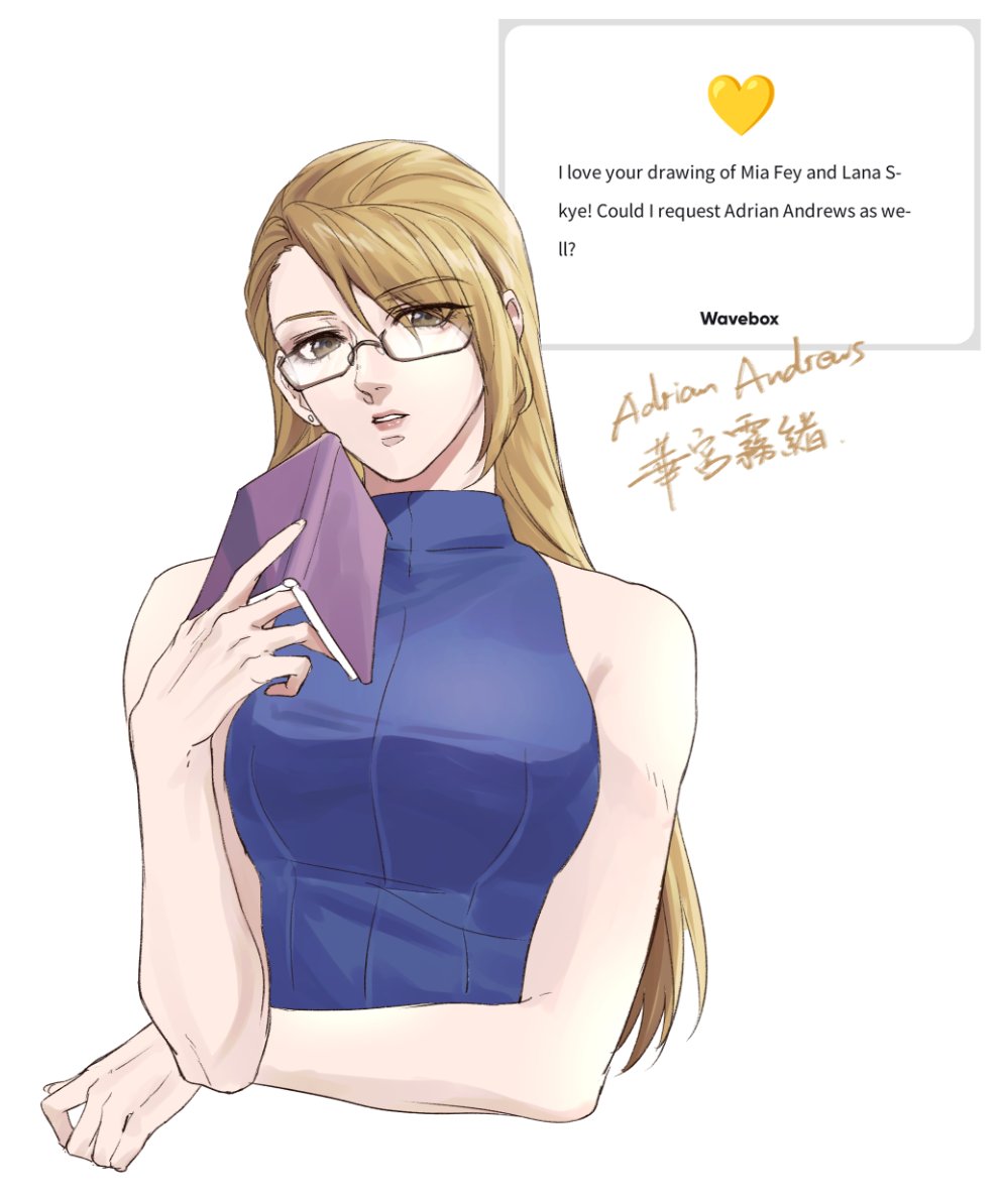 1girl, ace_attorney, adrian_andrews, bare_shoulders, blonde_hair, blue_shirt, book, breasts