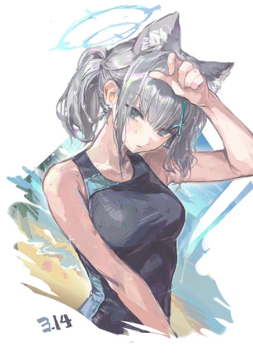 1girl, animal_ears, blue_archive, blue_eyes, breasts, chinese_commentary, commentary_request, cropped_torso, cross, cross_hair_ornament, dated, extra_ears, grey_hair, hair_ornament, halo, highres, inverted_cross, jiu_jiu_jiu_jiu, looking_at_viewer, medium_breasts, official_alternate_costume, one-piece_swimsuit, shading_eyes, shiroko_(blue_archive), shiroko_(swimsuit)_(blue_archive), short_hair, solo, sweat, swimsuit, wolf_ears