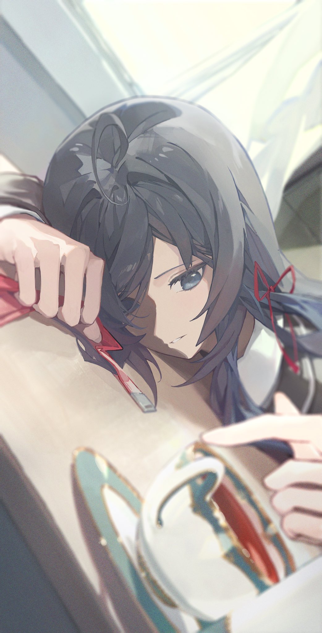 1girl, ahoge, black_hair, black_jacket, blazer, blue_eyes, cup, hair_ribbon