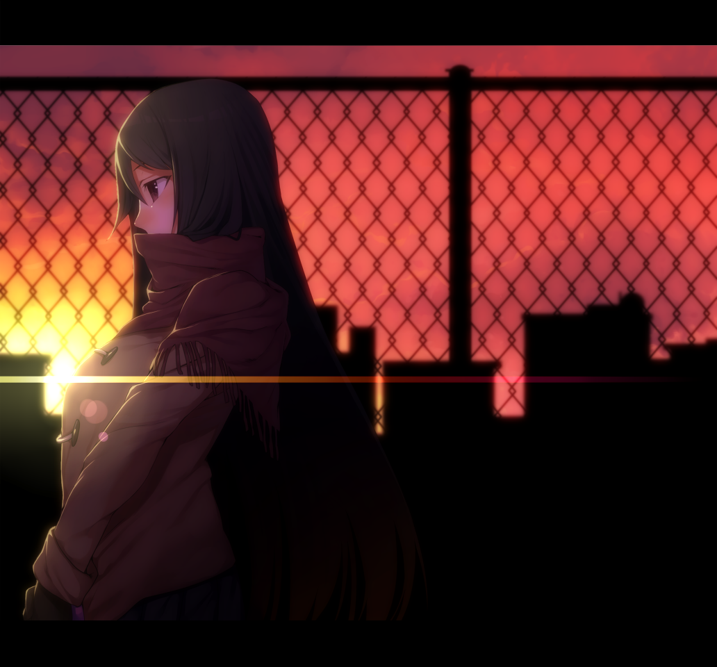 blush, brown_eyes, building, chainlink_fence, covering_mouth, fence, gloves, jacket