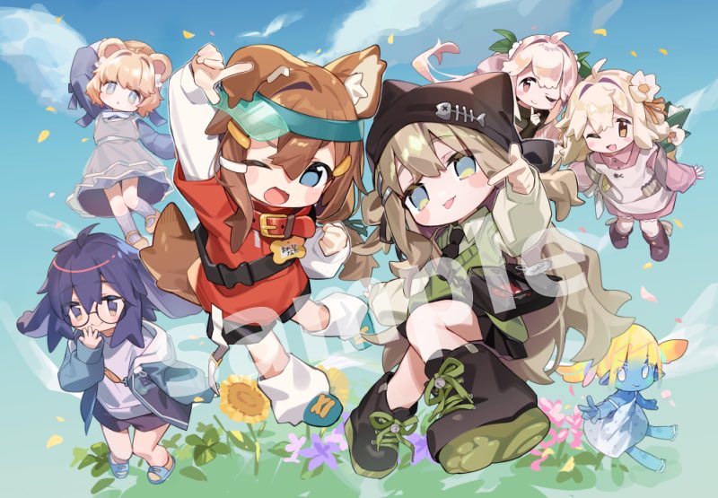 6+girls, :3, :o, :p, ;d, ;p, adjusting_eyewear, ahoge